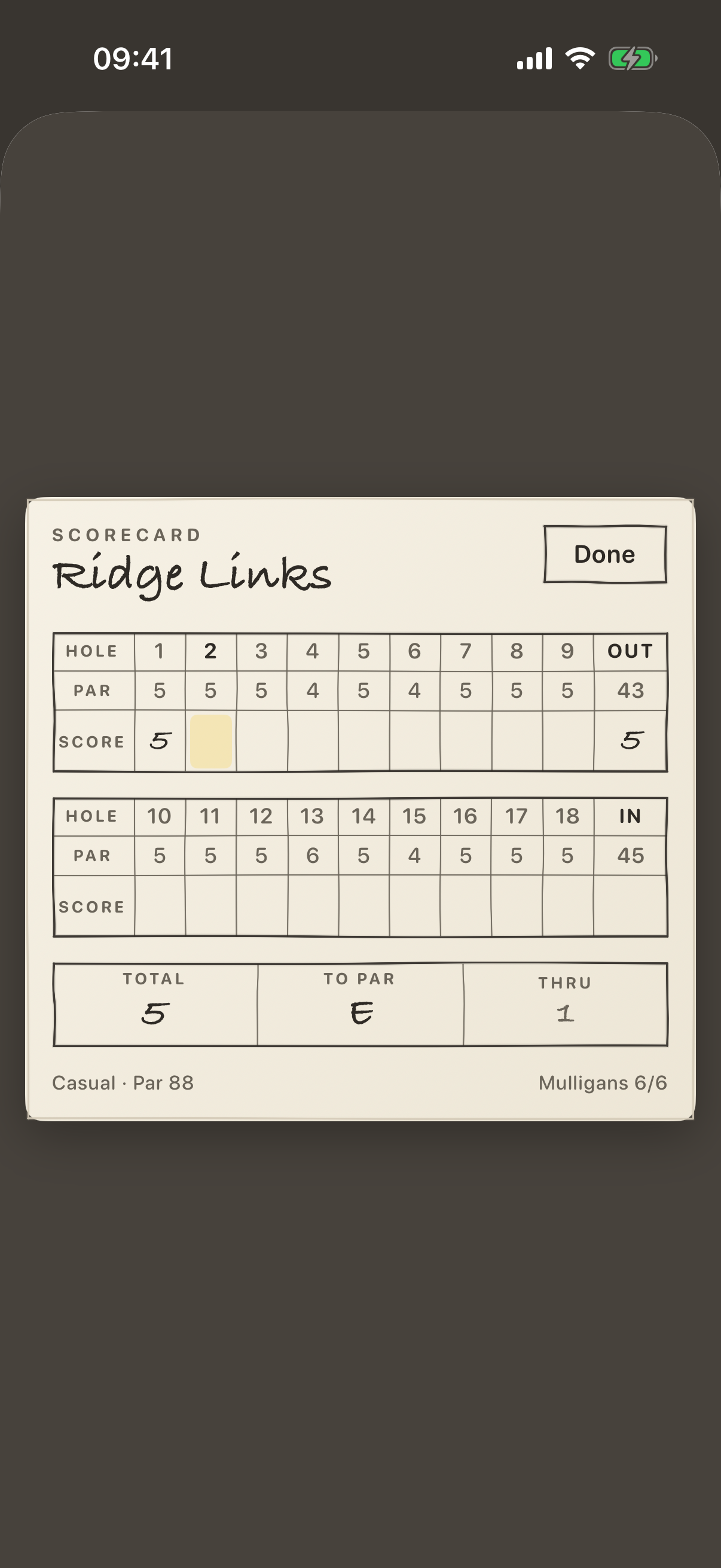 A scorecard drawn on paper, eighteen holes with pars and scores